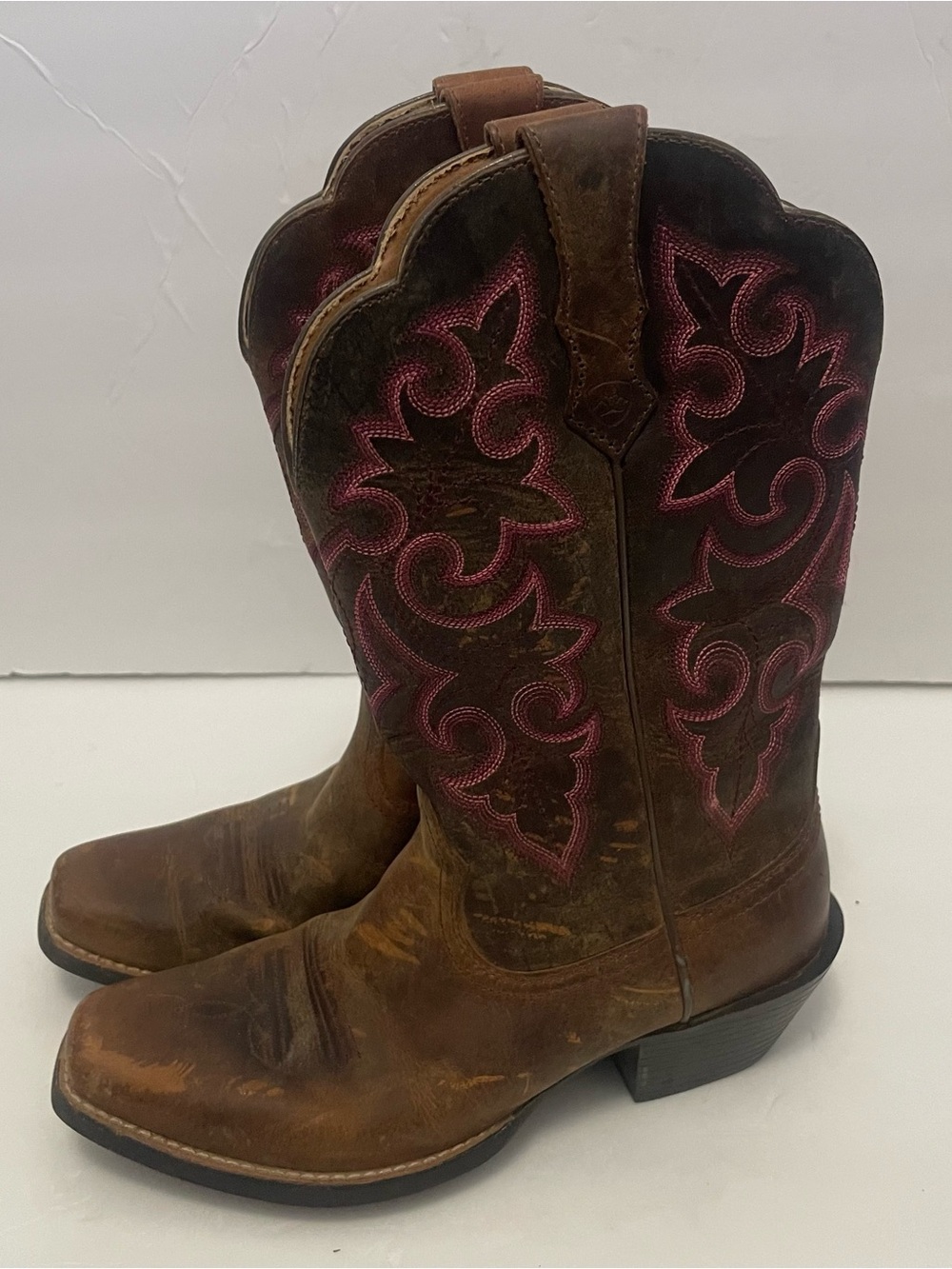 Ariat Heritage Western Boots Brown Leather Pink Stitching 10014172 Women's 6
